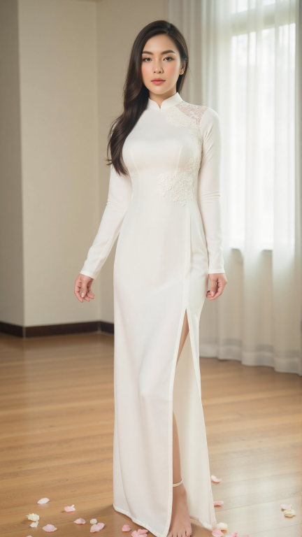 modernized and sensual white Ao Dai with a high turtleneck collar