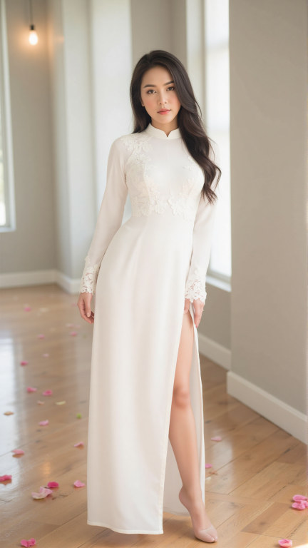 modernized and sensual white Ao Dai with a high turtleneck collar