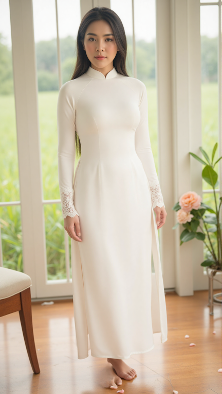 modernized and sensual white Ao Dai with a high turtleneck collar