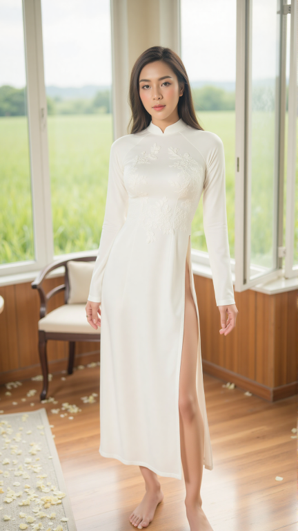 modernized and sensual white Ao Dai with a high turtleneck collar