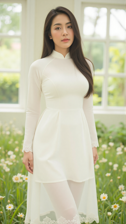 modernized and sensual white Ao Dai with a high turtleneck collar