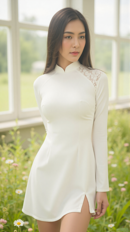 modernized and sensual white Ao Dai with a high turtleneck collar