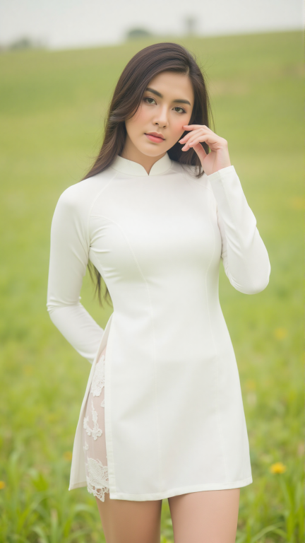 modernized and sensual white Ao Dai with a high turtleneck collar