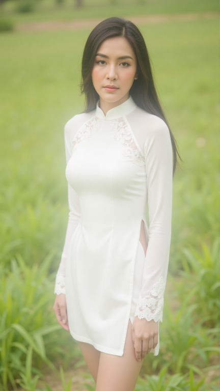 modernized and sensual white Ao Dai with a high turtleneck collar