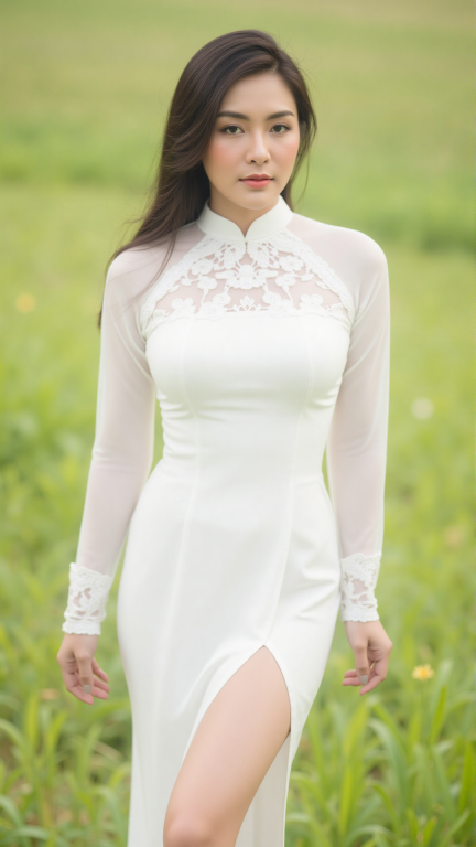 modernized and sensual white Ao Dai with a high turtleneck collar