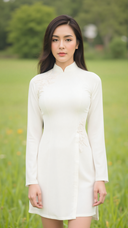 modernized and sensual white Ao Dai with a high turtleneck collar