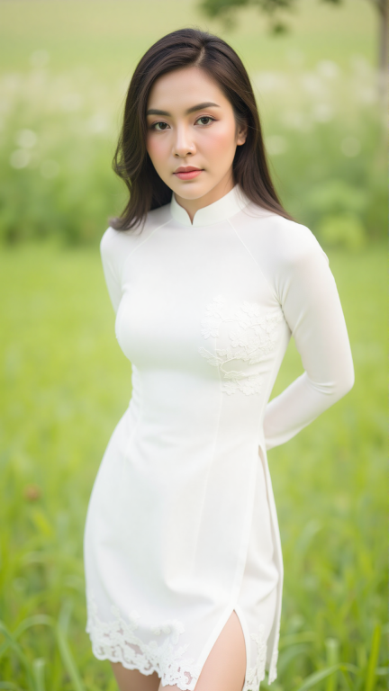 modernized and sensual white Ao Dai with a high turtleneck collar