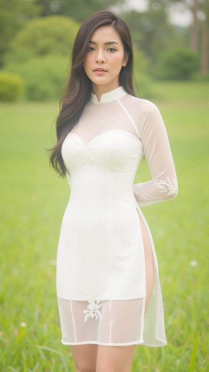 modernized and sensual white Ao Dai with a high turtleneck collar