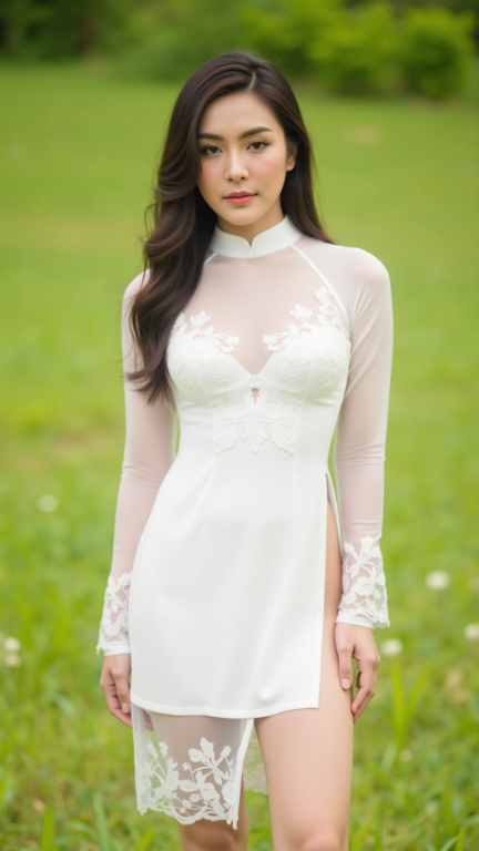 modernized and sensual white Ao Dai with a high turtleneck collar