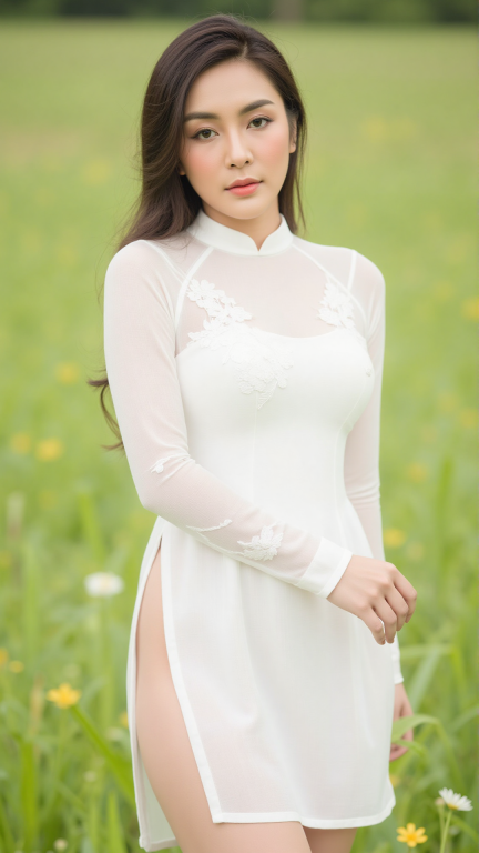 modernized and sensual white Ao Dai with a high turtleneck collar